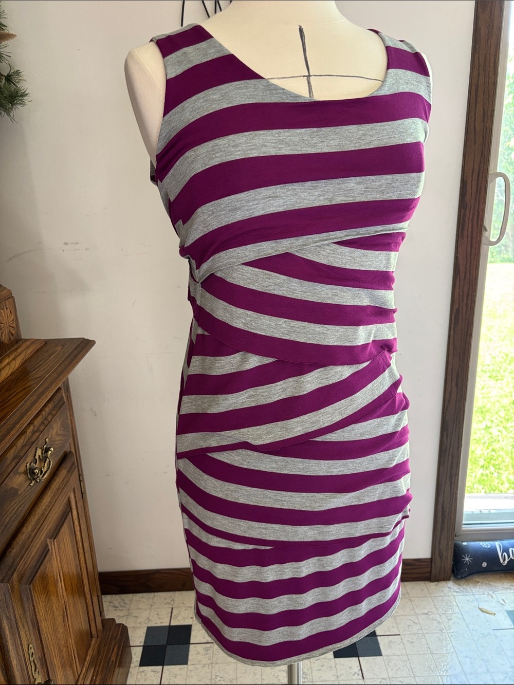 Sleeveless Striped Midi Dress in Plum and Gray by